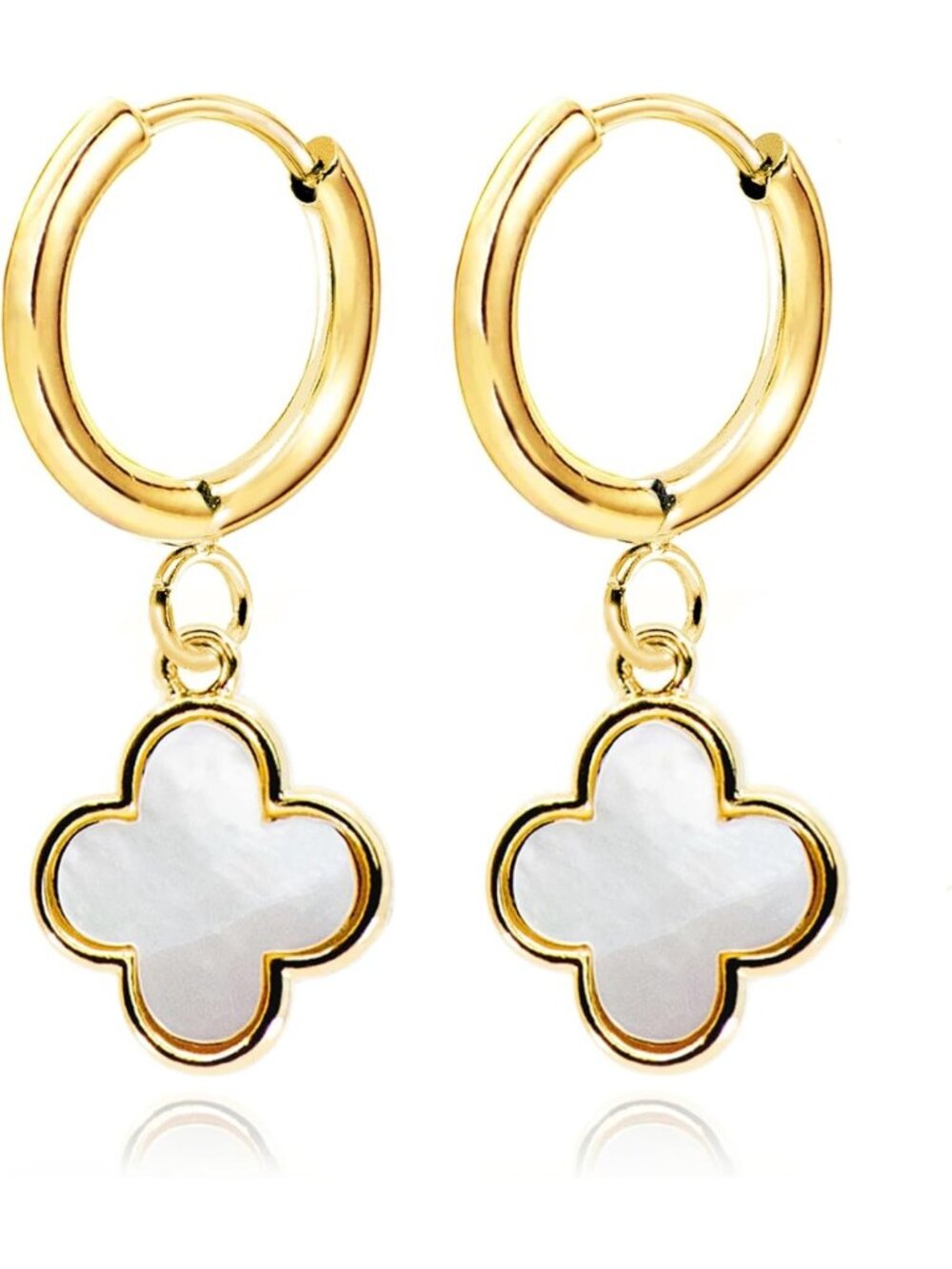 Lucky Clover Dangle Earrings for Women | 14K Gold Plated Mother of Pearl & Onyx